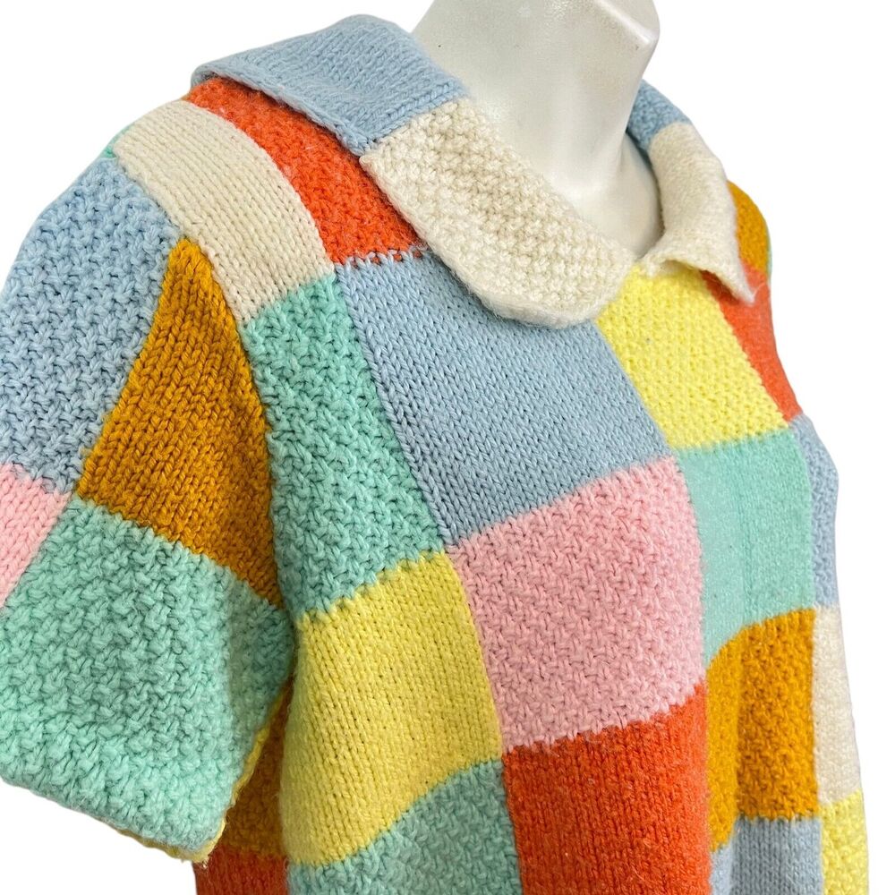 Vintage Peterpan Collar Brady Bunch Groovy Checkered Sweater 70s Patchwork M - Picture 4 of 14